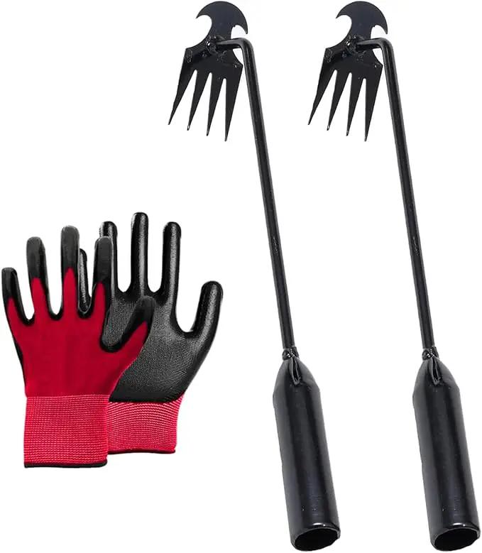 Stainless Weeding Artifact Uprooting Weeding Tool, Stainless Steel Forged Weed Puller 4 Teeth Dual Purpose Weeder, Hand Weeder Tool for Gardening with Long Handle (Black 2Pcs) by GreenHaven Gardens