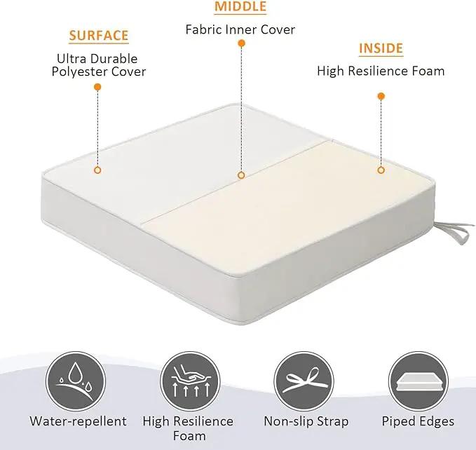 Square Corner Seat Cushions, 19" x 19" x 3", Set of 4, Indoor Outdoor Water Repellent Universal Chair Pads with Ties for Patio Furniture, Garden Deck Dining Chairs, Linen by GreenHaven Gardens