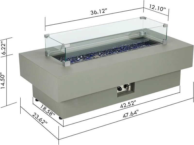 48-inch Fire Table with Natural Gas Conversion Kit & Wind Glass Shield, 50,000BTU Outdoor Modern Patio Fire Pit Table w/Rectangular Burner Lid, Glass Rocks, Cover by GreenHaven Gardens