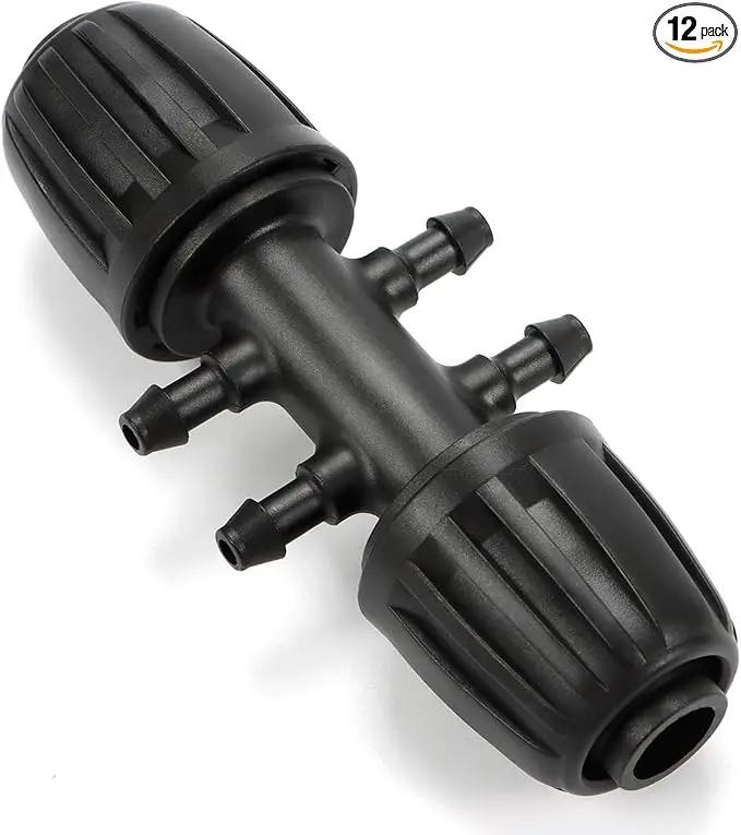 12 Pcs 1/2 inch to 1/4 inch Drip Irrigation Tubing Fittings, 1/2" Drip Tubing (1/2" ID x 0.65" OD) to 4 Way 1/4" Irrigation Tubing Locked Barbed Reducing Tee Connectors for Garden Systems by GreenHaven Gardens