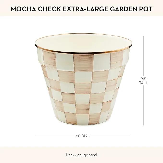 MACKENZIE-CHILDS Enamel Garden Pot, Decorative Pot for Plants, Outdoor Flowerpot Decor, Extra Large, Brown-and-White Mocha Check by GreenHaven Gardens