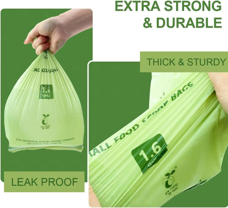 100% Compostable 1.6 Gallon Trash Bags, 6 Liter, 150 Count Kitchen Food Scrap Small Compost Bags for Countertop Bin with Europe EN13432 Certified by GreenHaven Gardens