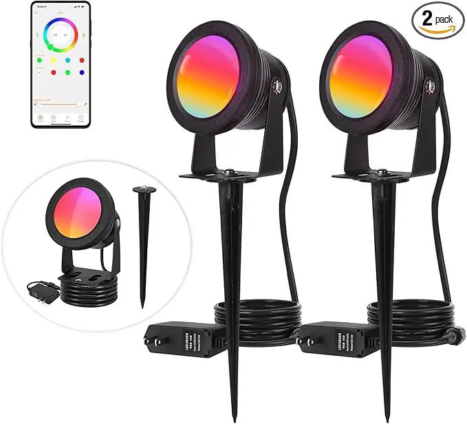 Spotlight Outdoor Control with Smart APP, 2 Pack 15W RGBW Landscape Lighting, Dimmable Color Changing IP67 Waterproof Spot Light Warm Flood Light for House Pathway Garden Yard Tree by GreenHaven Gardens