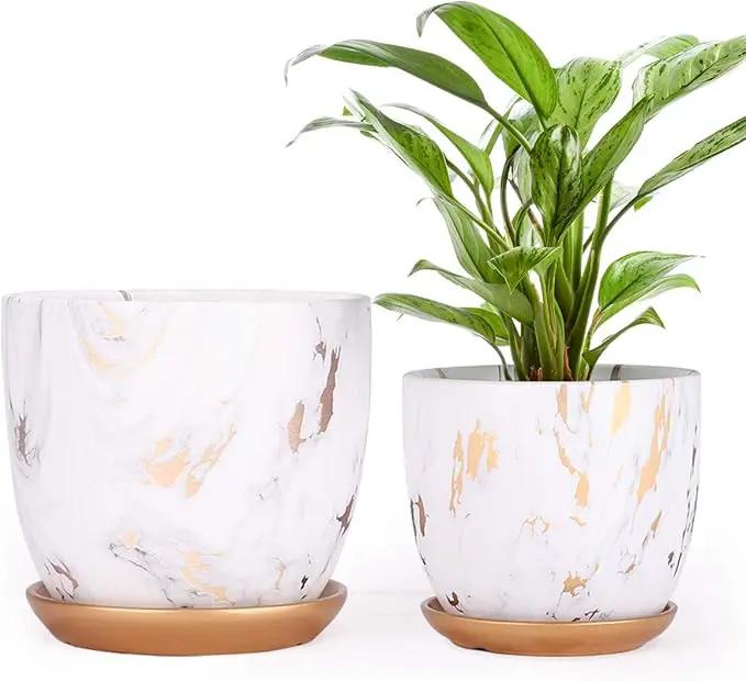 8 Inch Ceramic Plant pots (Set of 2), 8 Inch 7 Inch Modern Flower Planter, Gold Marble Gardening Pots with Drainage Hole and Saucer for Outdoor Indoor Yard Garden Home Office Decoration. by GreenHaven Gardens