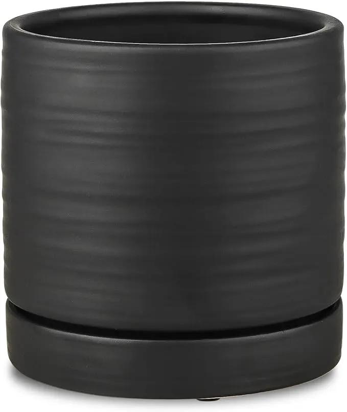 6 Inch Plant Pots, Ceramic Planter Pot with Drainage Hole & Saucer, Indoor/Outdoor Cylinder Round Planter Pot, Matte Black by GreenHaven Gardens