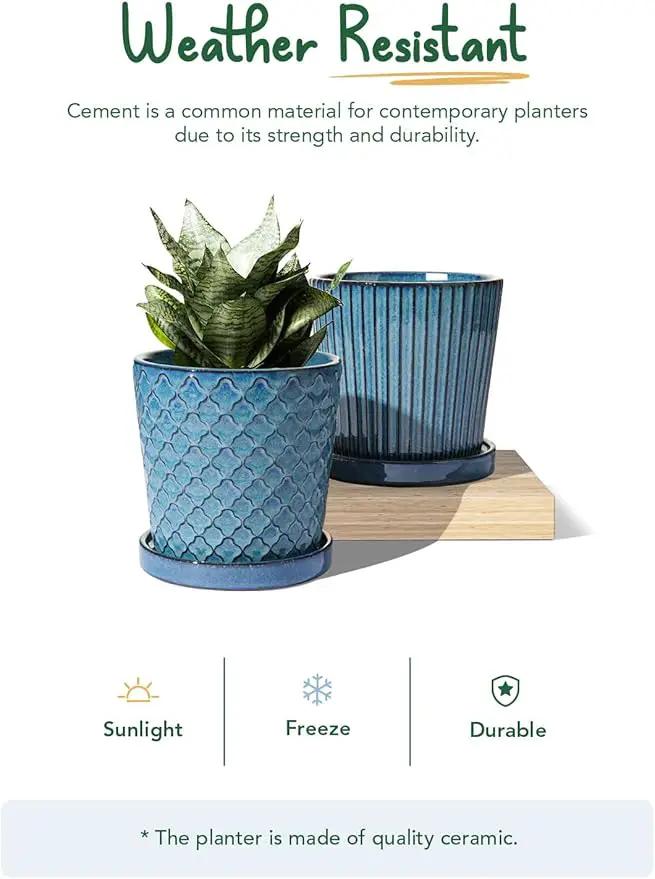 LE TAUCI Ceramic Pots for Plants, 5.5 Inch Plant Pots with Drainage Hole and Saucer, Indoor Plant Pots for Succulent, Snake Plants and Cactus, Flower Pots, Set of 2, Reactive Glaze Blue by GreenHaven Gardens