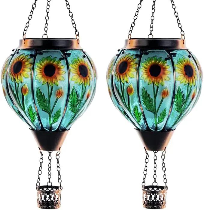 Starsoul 2 PC Sunflowers Hot Air Balloon Solar Lantern with Flame Glass Hanging Outdoor Hot Air Balloon Solar Light Waterproof Garden Patio Yard Party Decorations by GreenHaven Gardens