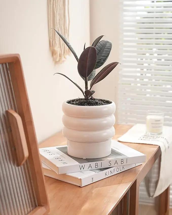 Bubble Ceramic Plant Pots with Drainage Holes and Saucers,6 inch Medium Flower Pots Modern Decor Planter for Indoor Plants(White) by GreenHaven Gardens