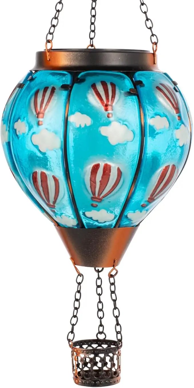 Solar Hot Air Balloon Lantern Flickering Flame, Sky Blue Glass Hot Air Balloon Solar Lantern Outdoor Waterproof, Decorative Hanging Hot Air Balloon Solar Light for Outside Garden Patio Yard by GreenHaven Gardens