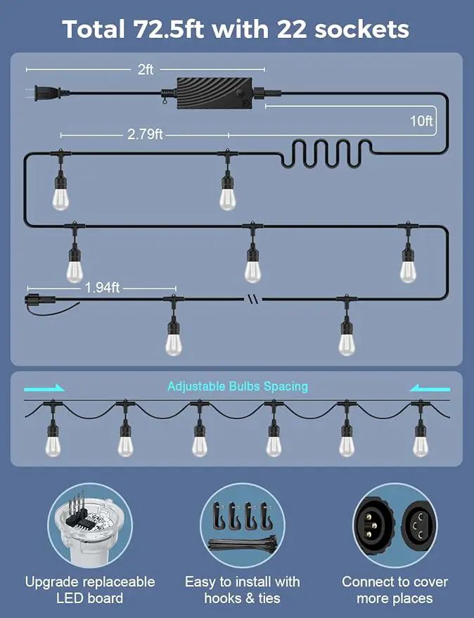 XMCOSY+ Smart Outdoor String Lights, 72.5Ft Patio Lights Waterproof, App Control, Compatible with Alexa, RGBCWIC Color Changing LED String Light for Outside by GreenHaven Gardens