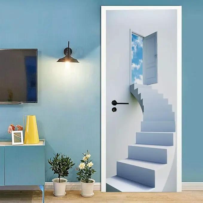 3D Door Stickers - Murals - Peel & Stick - Stairs - Blue - Modern - PVC - Waterproof - Removable - 37.4" x 82.7" by GreenHaven Gardens