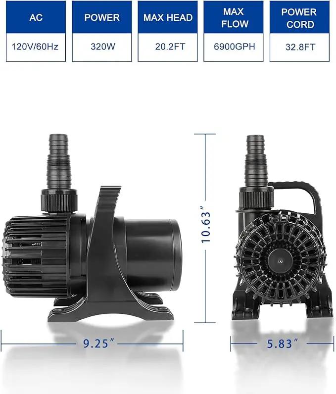 Outdoor Large 6900gph-320W 32.8FT Pond Water-fall & Kio Fish Fountain-s & Garden Pump Submersible IPX8: Long 32.8FT Cord Smart-er & Quieter Duck & Yard&Patio Ponds Pumps, 1 Barrier Pump Bag by GreenHaven Gardens