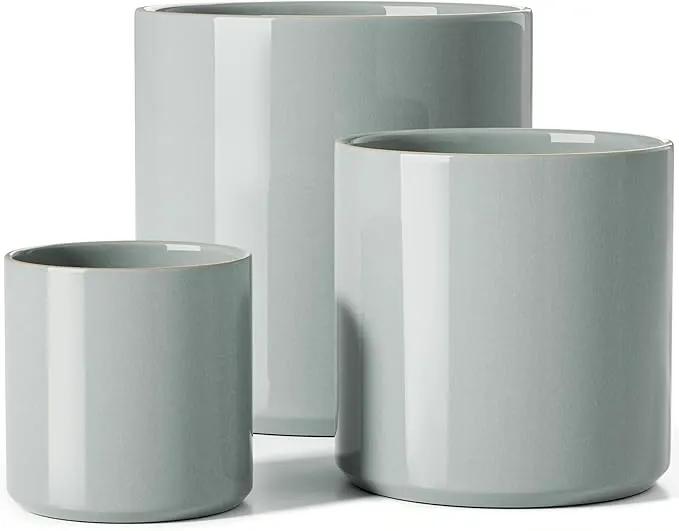 LE TAUCI Ceramic Plant Pots Indoor, 10+8+6 Inch Planters for Indoor Plants, Mid-Century Modern Flower Pots with Drainage Hole and Plug, Cylinder Round Planters, Set of 3, Blue Gray by GreenHaven Gardens