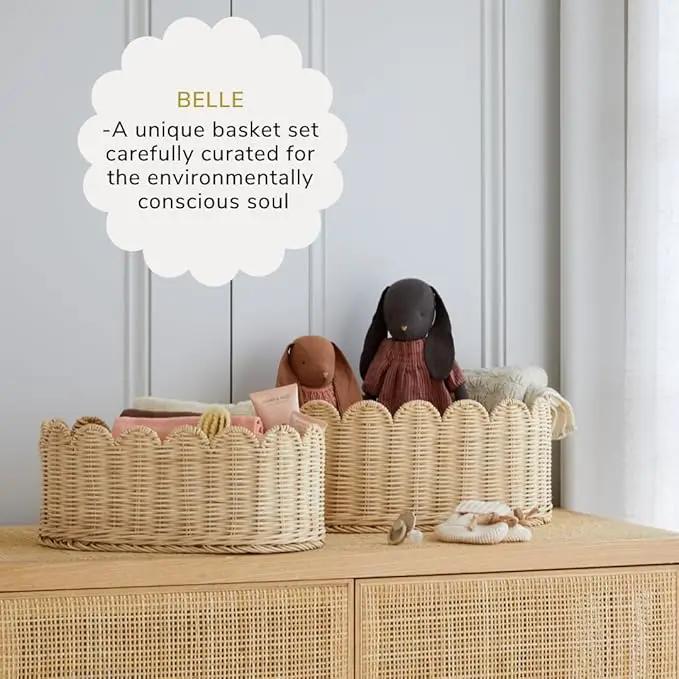 BEBE BASK Premium Scalloped Basket Set Of 2 - Scallop Basket - 16 x 10 x 7 Inch - Hand-Woven Elegant Wicker With Scalloped Edge - Nursery Storage (Natural) by GreenHaven Gardens