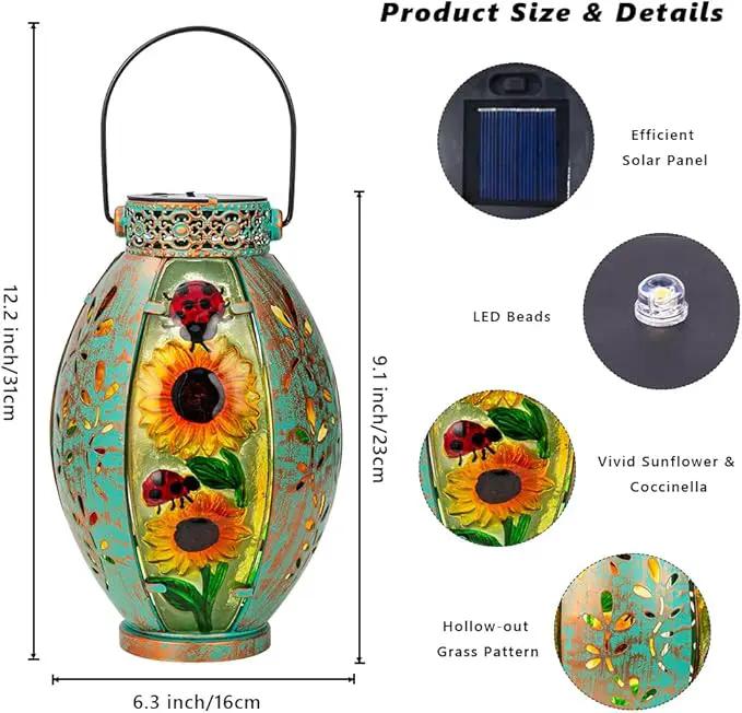 2 Pack Sunflower Solar Lantern,Retro Solar Lanterns Outdoor Waterproof,Stained Glass & Metal Hanging Solar Lantern,LED Tabletop Lamp Solar Lights,Sunflower Outdoor Solar Lanterns for Pathway by GreenHaven Gardens