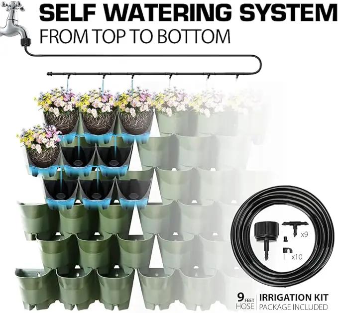 Worth Garden 36 Pockets Self Watering Vertical Planters Indoor Outdoor Living Wall Mounted - 9' Automatic Dripping Irrigation System Hose Kit Stackable Plastic Pot Herb Plants Home Balcony Decoration by GreenHaven Gardens