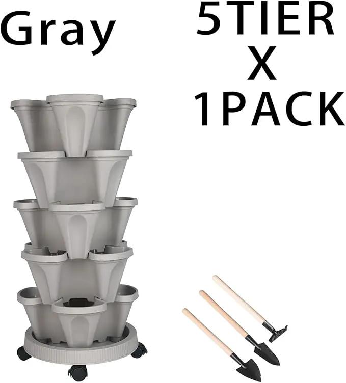 Vertical Planter 5 Tier Stackable Planters Garden Planters Strawberry Herb Flower and Vegetable Planter Indoor Outdoor Gardening Pots with Removable Wheels and Tools by GreenHaven Gardens