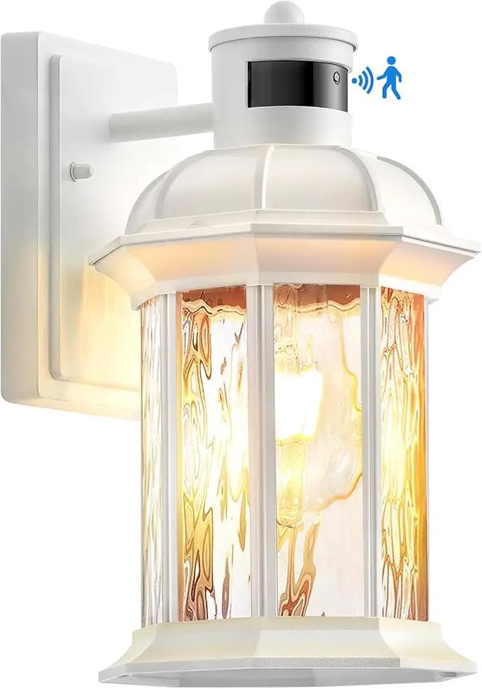 VIANIS White Motion Sensor Exterior Wall Light Lantern, Modern Dusk to Dawn Outdoor Porch Light Fixtures Wall Mount, Waterproof Outdoor Wall Sconce for Garage Entrance with Tempered Water-Ripple Glass by GreenHaven Gardens