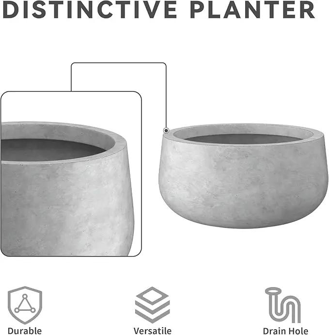 Kante 11.8" Dia Round Concrete Planter, Cement Plant Pots with Drainage Hole and Rubber Plug for Outdoor Indoor Garden Home, Modern Curvaceous Design, Natural Concrete by GreenHaven Gardens