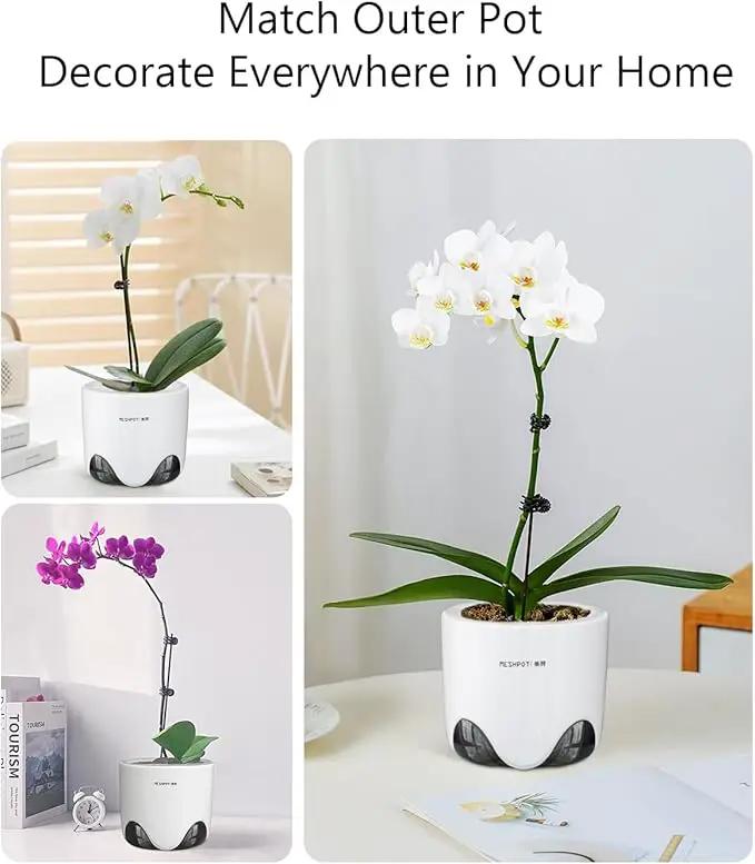 4 inch Orchid Pot with Holes for Repotting, Double Layer Plastic Imitate Ceramic Planter, Clear Orchid Pot Match Decorative Container by GreenHaven Gardens