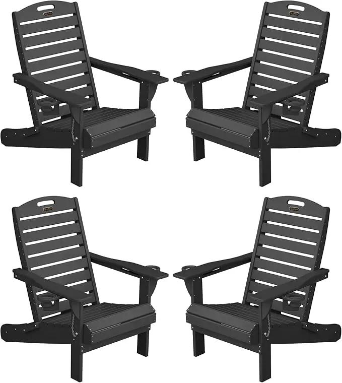 Adirondack Chairs Set of 4, Outdoor Fire Pit Chairs, HDPE All-Weather Adirondack Chairs with Cup Holder, Lawn Chair for Deck, Patio, Garden (Black) by GreenHaven Gardens