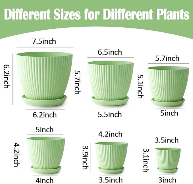 Plant Pots with Drainage Holes and Tray Saucer - 7.5/6.5/5.5/4.9/4.2/3.5 Inches Flower Pots - 6 Pack Thick and Sturdy Planters for Indoor Plants Such As Orchid, Succulent and Herbs, Green by GreenHaven Gardens