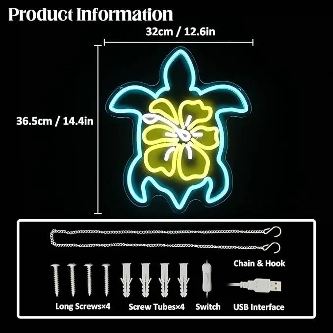 Sea Turtle Hibiscus Neon Signs for Wall Decor Blue Turtle Neon Light Yellow Flower LED Neon Wall Sign Ocean Neon Light Up Sign for Bedroom Living Room Office Decor Sea Turtle Gifts by GreenHaven Gardens