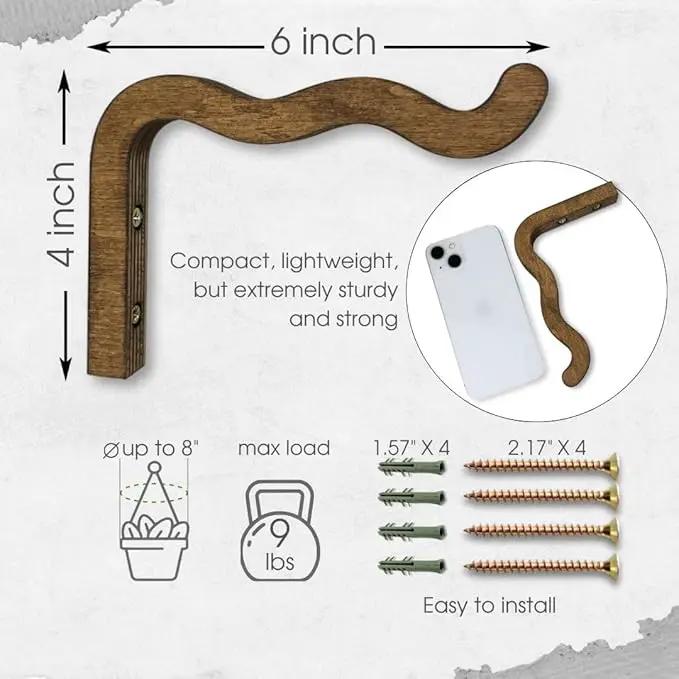 2-Piece Set of Wavy Wooden Wall Planters for Indoor Plants 6 Inch - Natural Plant Hook for Wall Plant, Wind Chimes, Flower Brackets, Patio Garden Decorations - Bracket Plant Hanger (Walnut) by GreenHaven Gardens