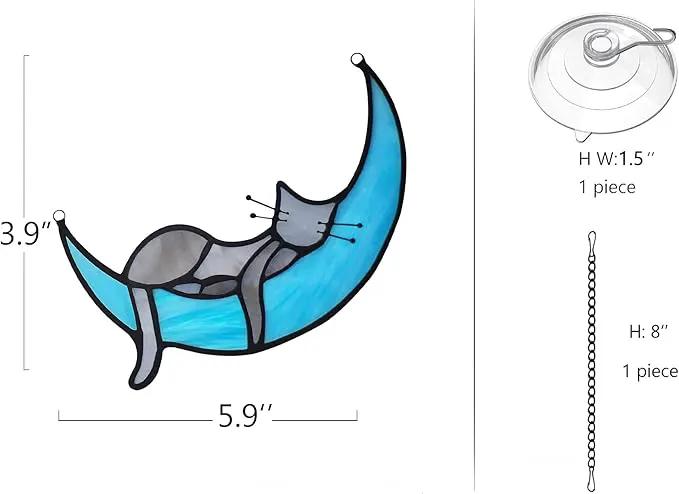 BOXCASA Sleeping Cat Stained Glass Windown Hanging,Grey Cat on Moon Beautiful Handcrafted Sun Catcher Gifts for Daughter,Mothers Day,Christmas and Cat Lover by GreenHaven Gardens