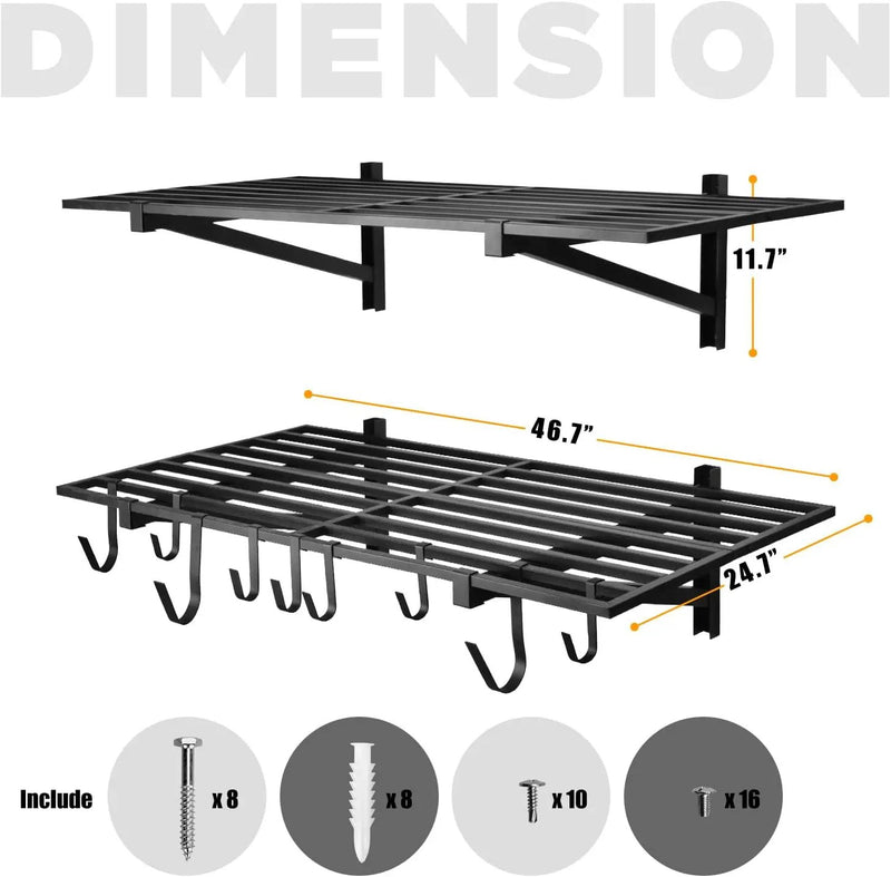 2 Pack Heavy Duty Garage Wall Shelving, 2' x 4' Wall Mount Storage Shelf, Holds 200 lbs Each, Garage Shelving Wall Mounted, Storage Rack with Hooks (Black) by GreenHaven Gardens