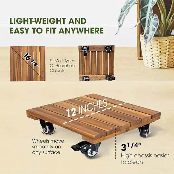 2pack Wood Plant Caddy With Wheels Heavy Duty, 264 Lbs Capacity, 12 Inch Acacia Hardwood Plant Dolly, Plant Stand with 360° Lockable Wheels for Plant Pots, Heavy Objects Hauling - Natural Wood by GreenHaven Gardens