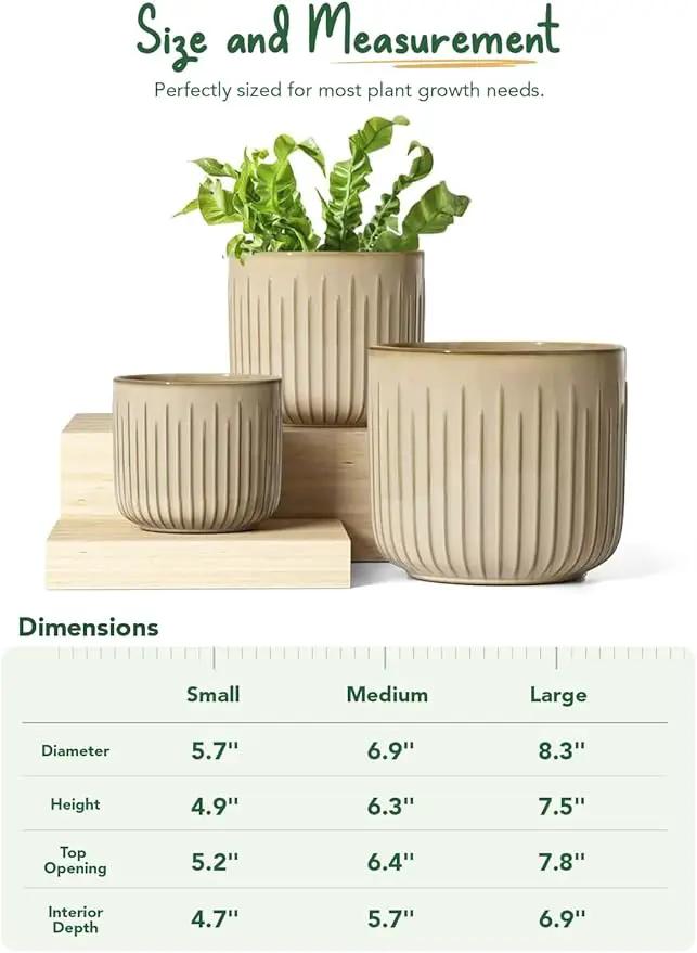 LE TAUCI Fluted Ceramic Planters Set of 3 – 8.3/7 / 5.7 in Cloud Cream Reactive Cylinder Indoor Plant Pots with Drainage Plug & Mesh, Glossy Stoneware Flower Pots for Succulents Herbs by GreenHaven Gardens