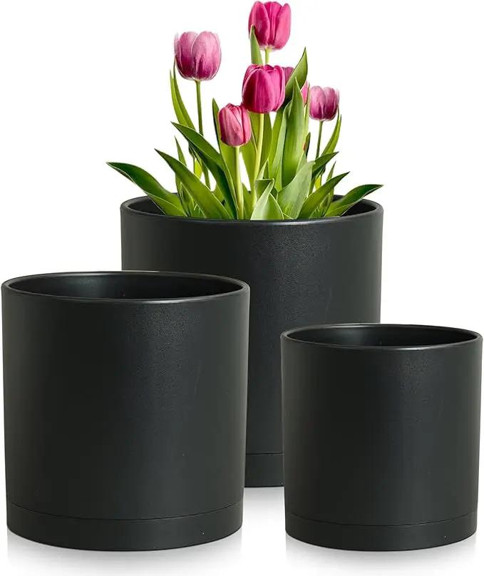 8/7/6 inch Plant Pots, 3 Set Cylinder Flower Pots for Outdoor Indoor Plants, Decorative Plastic Planters with Drainage Holes and Saucers for Garden House Plants, Black by GreenHaven Gardens