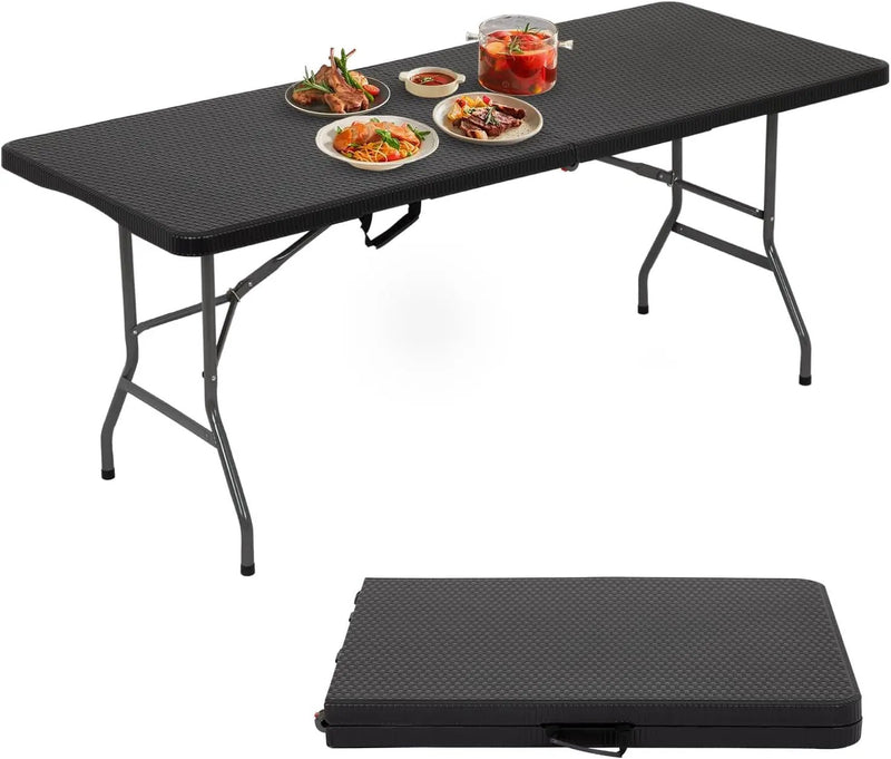 6FT Folding Table, Heavy Duty Plastic Table Portable Fold-in-Half Utility Table Indoor Outdoor Picnic Table w/Handle & Lock for Camping BBQ Party Wedding Market Events, Black Ratten by GreenHaven Gardens