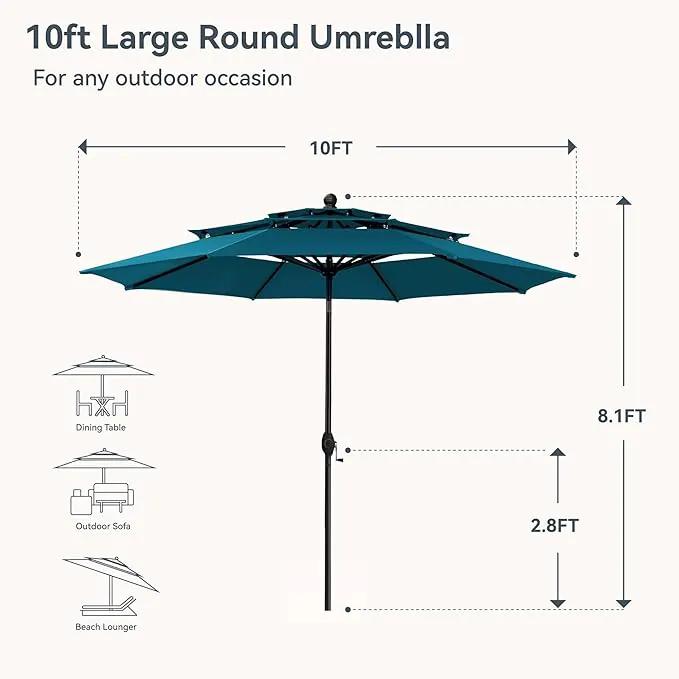 PHI VILLA 10ft Outdoor Patio Umbrellas for Outside, 3 Tier Vented Market Table Umbrella Windproof for Backyard, Deck, Garden, 1.5" Pole, Cyan（No Base） by GreenHaven Gardens