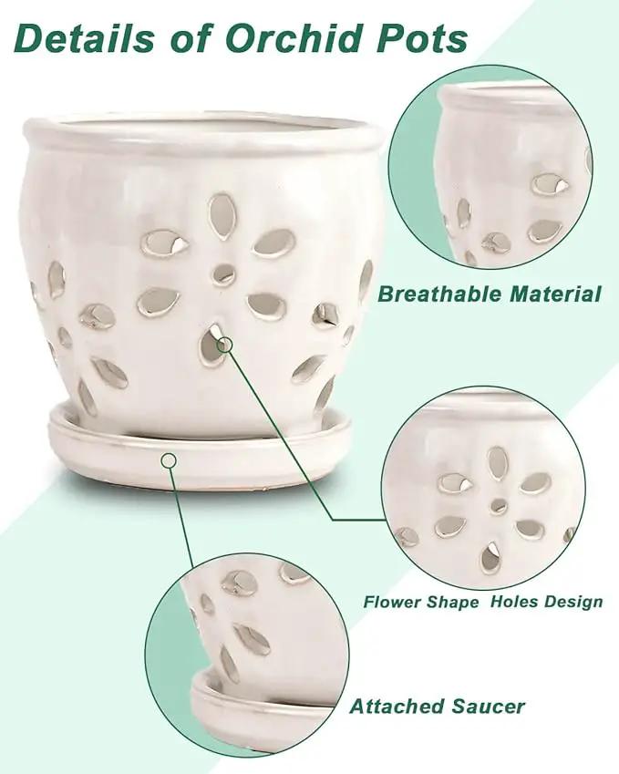 vensovo 5 Inch Ceramic Orchid Pots with Holes and Saucers - 1 Pcs Small Succulent Pot for Repotting, Garden Flowerpots for Plants Indoor and Outdoor Promotes Air Circulation, White by GreenHaven Gardens