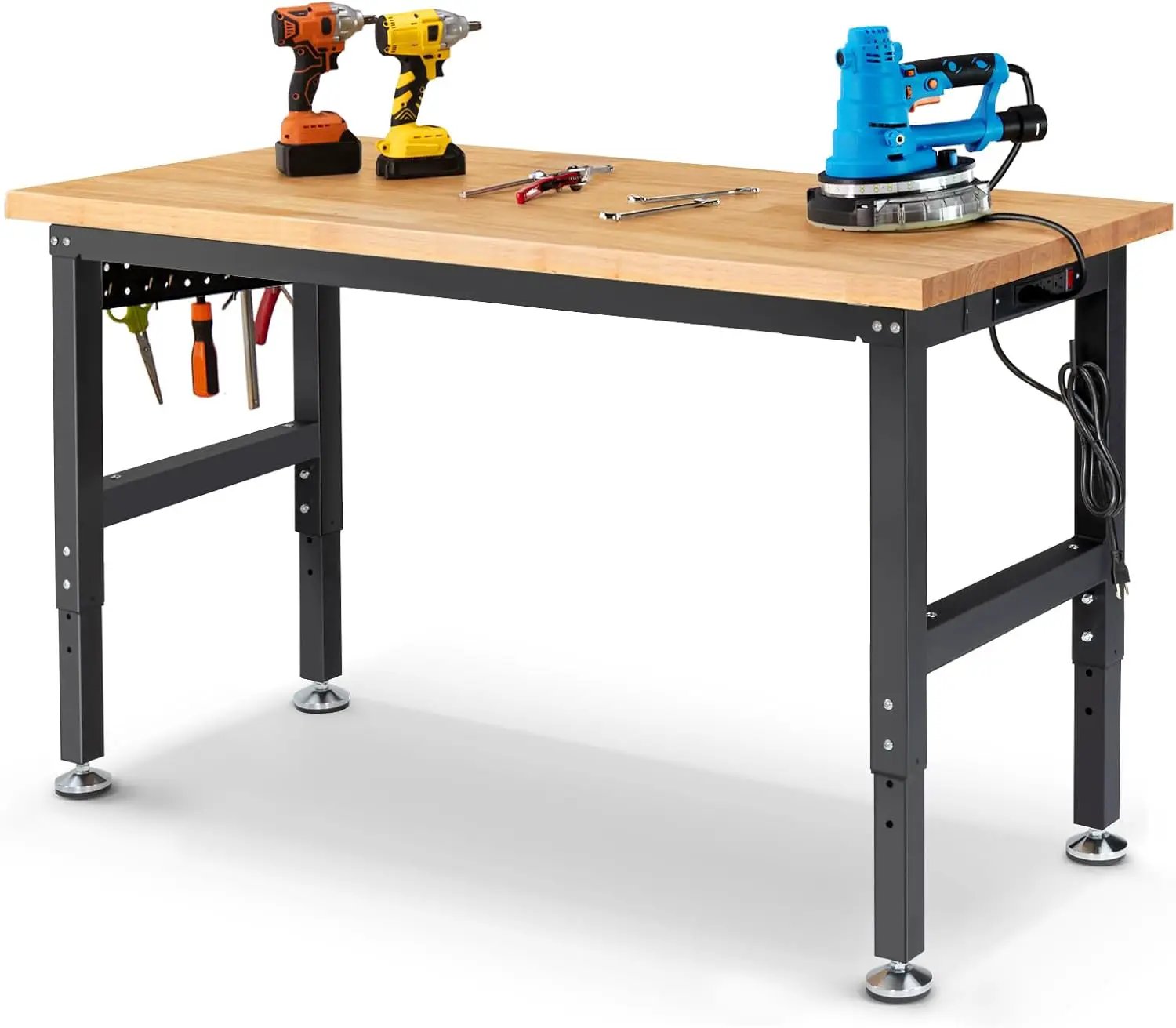 60 Inch Workbench for Garage Adjustable Height Work Bench with Pegboard Power Outlets Rubber Wood Tabletop Work Table for Cutting Wood Woodworking Shop Home Office Electronic by GreenHaven Gardens