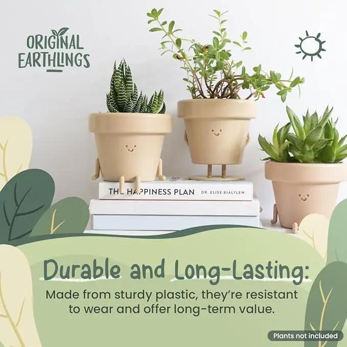 Original Earthlings Sitting Pot - 3.5 Inch Cute Plant Pot - Plastic Funny Planter with Drainage - Unique Cactus Plant Lover Gift - Small Succulent Face Flower Pot - Cute Plant Gifts for Plant Lovers by GreenHaven Gardens