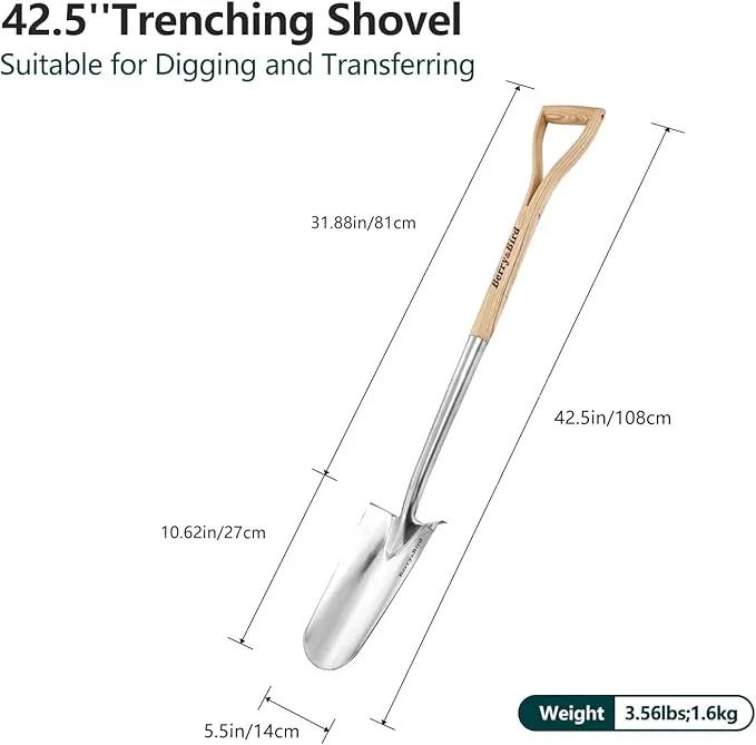 Berry&Bird Trenching Shovel, Garden Drain Spade Shovel with Wood Handle, 42.5" Stainless Steel Gardening Planting Spade, Heavy Duty Root Cutter Shovel Trench Shovel for Digging Transplanting & Edging by GreenHaven Gardens