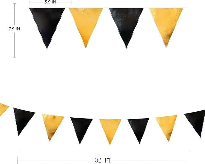 Black and Gold Party Decorations Triangle Pennant Banner Flag Metallic Fabric Bunting Garland for Birthday Graduation Anniversary Wedding Bachelorette Bridal Shower Engagement Hen Party Supplies by GreenHaven Gardens
