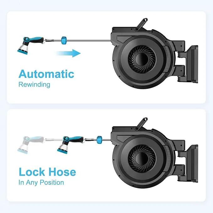Retractable Garden Hose Reel - 5/8 inch x 60 ft Wall Mounted Hose Reel with 10 Pattern Nozzle & Any Length Lock, Heavy Duty Water Hose Supports Automatic Rewind & 180° Swivel, Black by GreenHaven Gardens