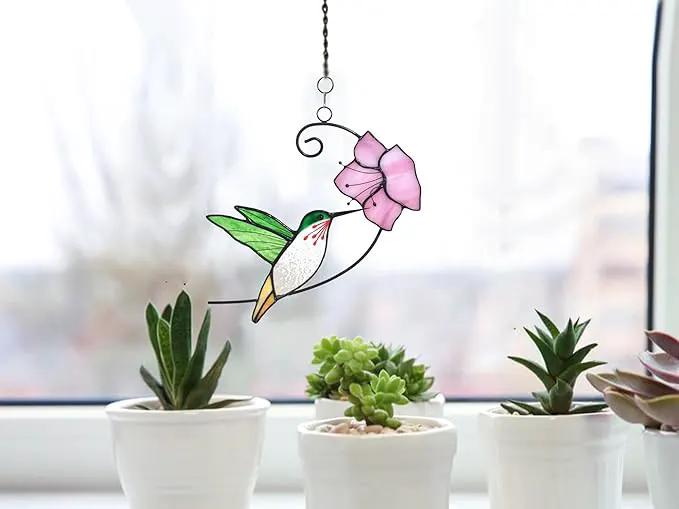 Lolitarcrafts Hummingbird with Flower Stained Glass Suncatcher Bird Stained Glass Window Hangings Hummingbird Gift for Home Decor (Green with Flower) by GreenHaven Gardens