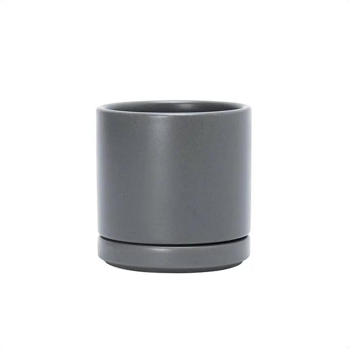 D'vine Dev 3.5 Inch Ceramic Planter Pot with Drainage Hole and Saucer, Indoor Cylinder Round Planter Pot, Speckled Grey, 94-O-A-3 by GreenHaven Gardens