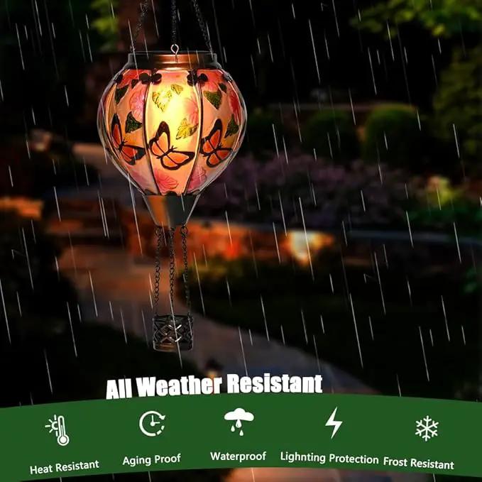 Hot Air Balloon Solar Lantern - Butterfly Stained Glass Lantern with Simulated Flickering Flame, Outdoor Hanging Yard Light Waterproof IP65 & Weather Resistant for Garden Patio Lawn Porch Decor Gfit by GreenHaven Gardens