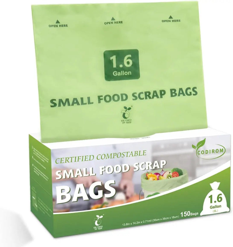 100% Compostable 1.6 Gallon Trash Bags, 6 Liter, 150 Count Kitchen Food Scrap Small Compost Bags for Countertop Bin with Europe EN13432 Certified by GreenHaven Gardens