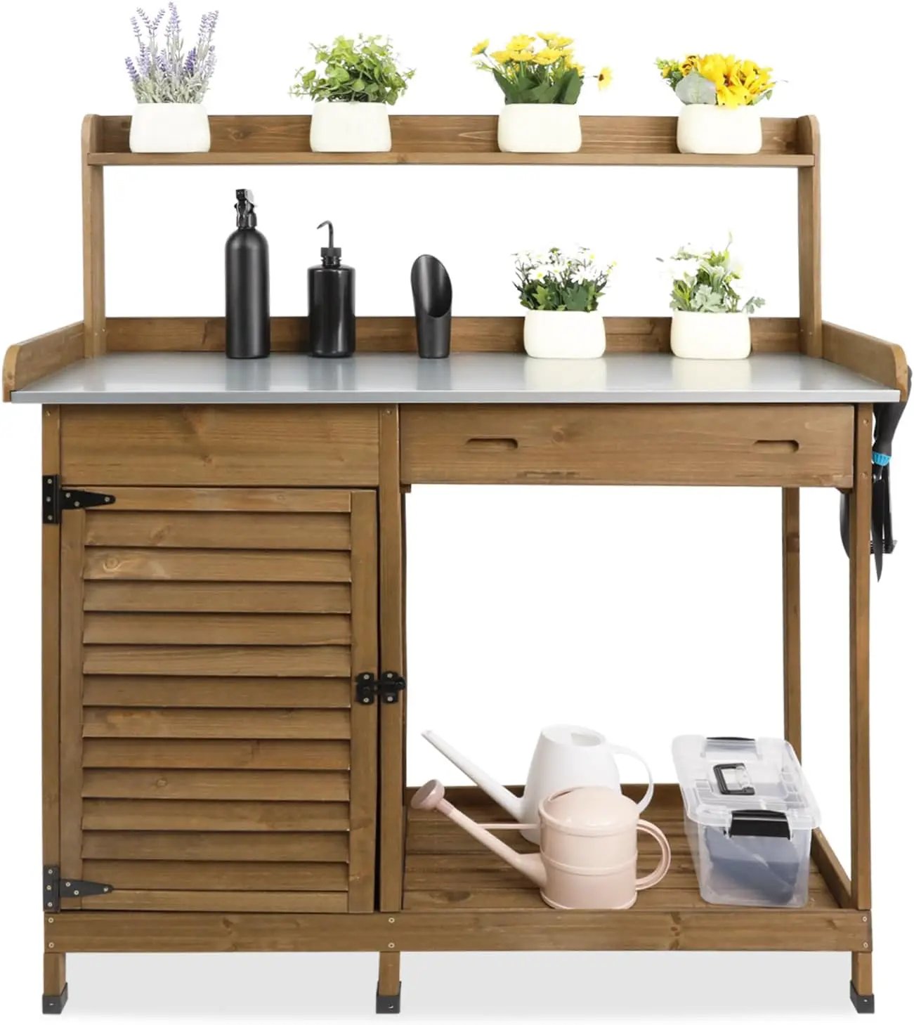 Outdoor Garden Potting Bench Table, 41" L Wooden Potting Table Work Bench for Horticulture, Waterproof Workstation Table with Metal Tabletop/Cabinet/Drawer/Open Shelf (Brown) by GreenHaven Gardens