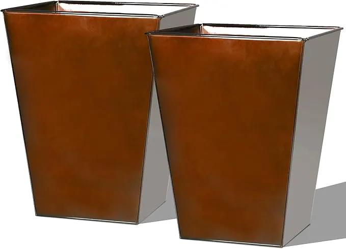 Worth Garden Large Metal Glazed Floor Planter Set of 2-14" Dia x 18" H - Luxurious Glossy Finish Red Tall Square Tapered Steel Plant Pots, Decor Flower Pot Indoor & Outdoor, Drainage Hole by GreenHaven Gardens