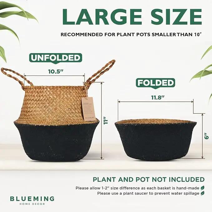 Basket Planter – Woven Seagrass Plant Pot for Tall Indoor Artificial Plants, Wicker Rattan Planters for Boho Decor 9-10 Inches (Black Bottom, Large) by GreenHaven Gardens