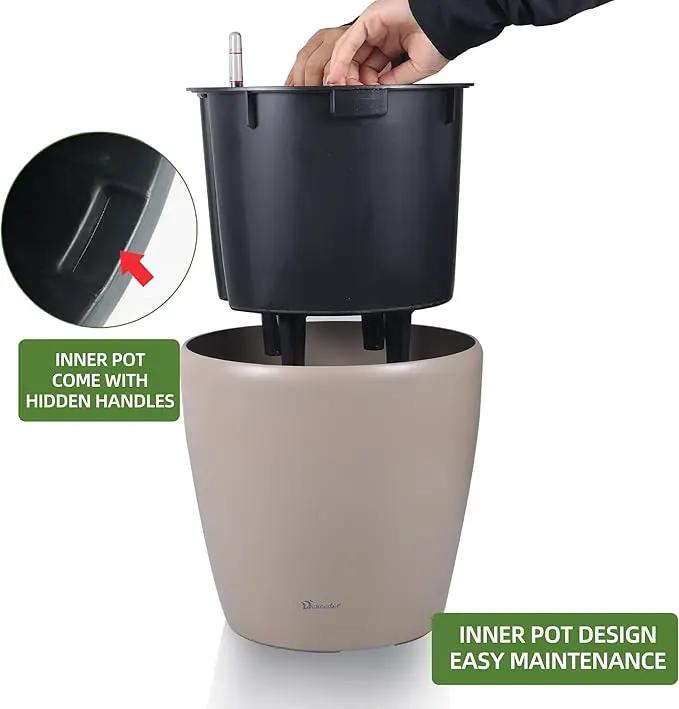 Dexceder 11x10 Inches Self Watering Planter Indoor Outdoor, Inner Pot Design, Thickened Table Flower Plant Pot with Water Level Indicator (Taupe Matte) by GreenHaven Gardens