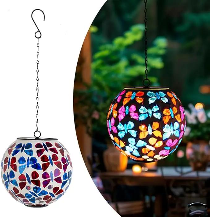Hanging Solar Lanterns Outdoor Waterproof, Decorative Mosaic Butterfly Solar Lantern, Gazing Ball Globe Hanging Lantern for Patio Garden Yard Home Decor by GreenHaven Gardens